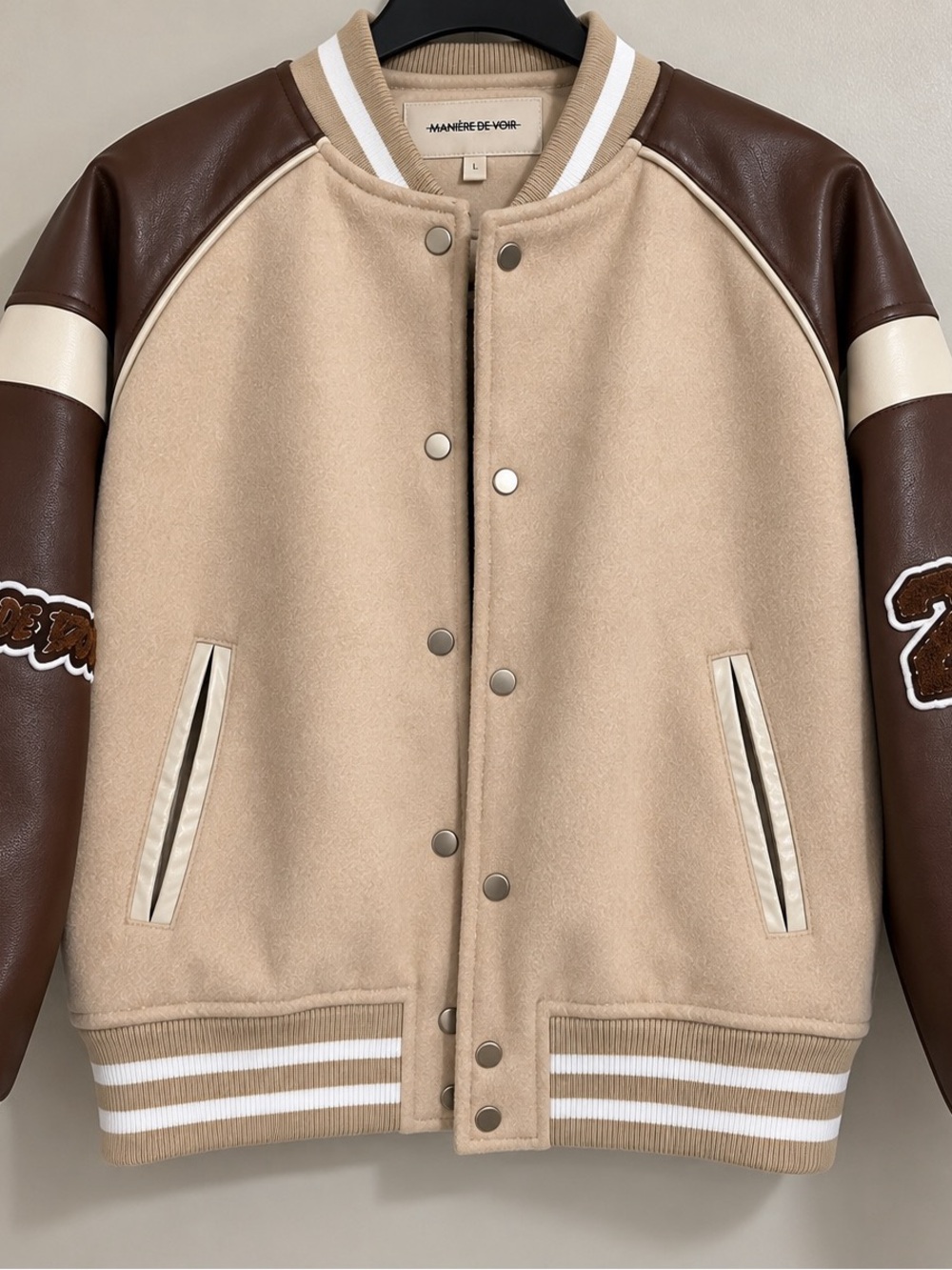 Maniere De Voir Beige and Brown Varsity Bomber Jacket